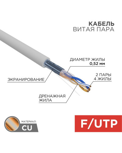 Кабель витая пара F/UTP, CAT 5e, ZH нг(А)-HF, 2х2х0,52 мм, 24AWG, INDOOR, SOLID, серый, 305 м REXANT PRO