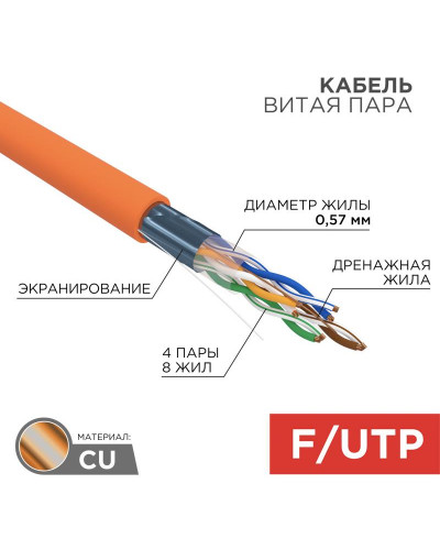 Кабель витая пара F/UTP, CAT 6, ZH нг(А)-HF, 4PR, 23AWG, INDOOR, SOLID, оранжевый, 305 м, REXANT