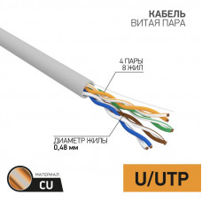 Кабель витая пара U/UTP, CAT 5e, PVC, 4PR, 24AWG, INDOOR, SOLID, серый, 50м PROconnect