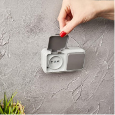 Выключатель одноклавишный + розетка влагозащищенная для открытой установки REXANT IP54, выключатель 10 А, розетка б/з 16 А, В-РЦ-653(03)