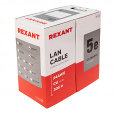Кабель витая пара U/UTP, CAT 5e, PE, 4PR, 24AWG, OUTDOOR, SOLID, черный, 305м, REXANT
