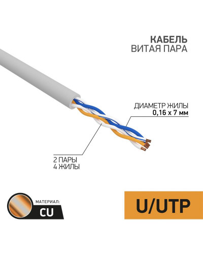 Кабель витая пара U/UTP, CAT 5e, PVC, 2PR, 24AWG, INDOOR, STRANDED, серый, 305м REXANT