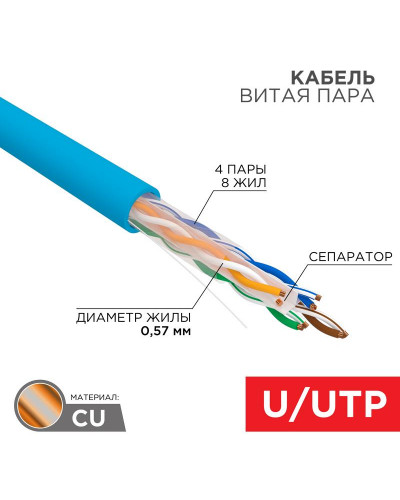 Кабель витая пара U/UTP, CAT 6, PVC, 23AWG, INDOOR, SOLID, синий, 305 м, REXANT