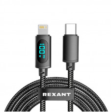 Кабель Type-C – Lightning для Apple, 3А, 1м, в черной нейлоновой  оплетке, с LED-дисплеем REXANT