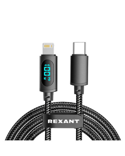 Кабель Type-C – Lightning для Apple, 3А, 1м, в черной нейлоновой  оплетке, с LED-дисплеем REXANT