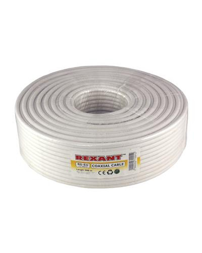 Кабель коаксиальный RG-6U, 75Ом, Cu/Al/Cu, 64%, 100м, INDOOR, белый REXANT