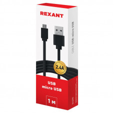 Кабель USB-A – micro USB, 2,4А, 1м, в черной тканевой оплетке, усиленный REXANT