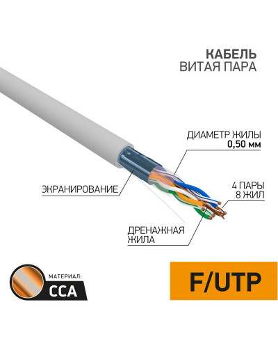 Кабель витая пара омедненный F/UTP, CCA, CAT 5e, PVC, 4PR, 24AWG, INDOOR, SOLID, серый, 305м PROconnect