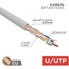 Кабель витая пара U/UTP, CAT 6, ZH нг(А)-HF, 4PR, 23AWG, INDOOR, SOLID, серый, 305 м, REXANT