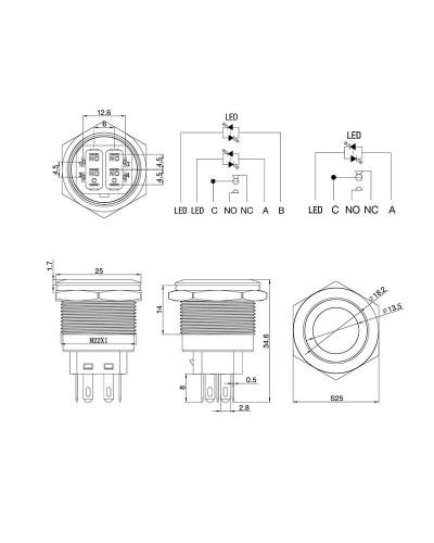Кнопка антивандальная Ø22 12В(LED) Б/Фикс (5с) OFF-(ON) / ON-(OFF) подсв/синяя REXANT