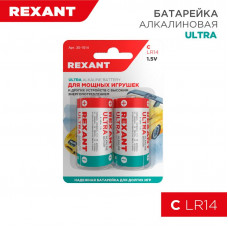 Батарейка алкалиновая С/LR14, 1,5В, 2 шт, блистер REXANT