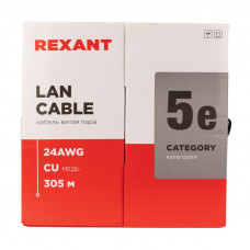 Кабель витая пара U/UTP, CAT 5e, PE, 4PR, 24AWG, OUTDOOR, SOLID, черный, 305м, REXANT