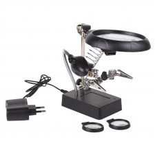 Держатель Третья рука, 2 зажима, лупа 90мм (2.5х) + 2х34мм, подставка паяльника, LED подсветка REXANT